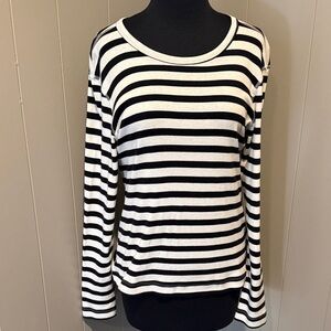 Three Dots Women Large Black and White Striped Long Sleeve Top